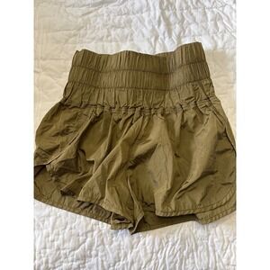 Free People Movement High Waisted Running Shorts Olive Green Smocked Waist